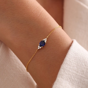 14k Gold Sapphire Bracelet, Oval Blue Sapphire Bracelet, September Birthstone Bracelet, Sapphire Cz Diamond Bracelet, Birthday Gift for Her