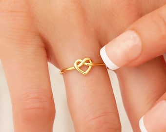 14k Solid Gold Love Knot Ring - Dainty Infinity Heart Band Ring