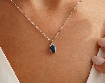 14k Gold Oval London Blue Topaz Necklace, Natural Blue Topaz Gemstone Pendant, 18k Cz Diamond Blue Topaz Jewelry, London Blue Pendant