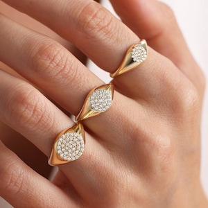 14k Cz Diamond  Signet Ring Solid Gold, Pave Signet Ring Women, Diamond Pinky Ring, Minimalist Signet Ring, Custom Signet Ring, Gift for Her