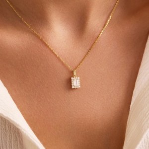 14k Emerald Cut Pendant Necklace, 18k Moissanite Necklace Solid Gold, Halo Moissanite Necklace, Moissanite Pendant for Women, Wedding Gift