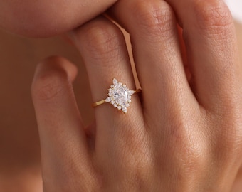 14k Oval Moissanite Engagement Ring, Vintage Style 1.23 Ct Moissanite Ring, 18k Dainty Halo Ring, Promise Ring with Marquise, Art Deco Ring