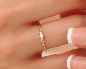 14k Cz Diamant Minimalist Versprechen Ring, Twisted Band Solitär Ring, kleine Diamant Ring aus Massivgold, einfache Brautring, kleine Verlobungsring