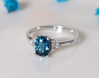 14k London Blue Topaz Ring, Natural London Blue Engagement Ring, 18k Solid Gold Promise Ring, Blue Topaz Anniversary Ring, Gift for Women
