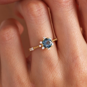 14k Solid Gold Round Cut London Blue Topaz Engagement Ring - Dainty Natural Gemstone Ring
