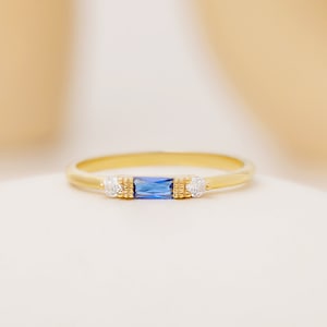 14k Sapphire Wedding Band Ring, Baguette Sapphire Engagement Ring Real Gold, Minimal Sapphire Stacking Ring, Sapphire Ring White Gold Ring