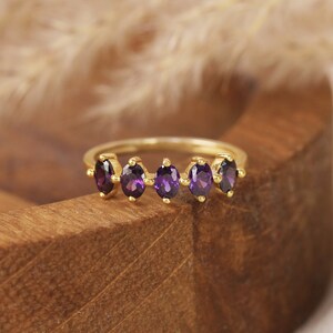 14k Oval Amethyst Wedding Ring, 5 Stone Amethyst Ring Real Gold, Dainty Amethyst Engagement Ring, Multi Stone Promise Ring, Anniversary Gift image 6