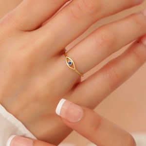 14k Gold Minimalist Evil Eye Ring, Dainty Sapphire Evil Eye Jewelry, Delicate Good Luck Ring, Tiny Protection Ring, Third Eye Ring Real Gold