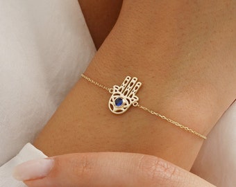 14k Gold Evil Eye Hamsa Bracelet, Hamsa with Sapphire Jewelry, Hand of Fatima Gold Bracelet, Hand Of The Goddess, 18k Fatima Hands Jewelry