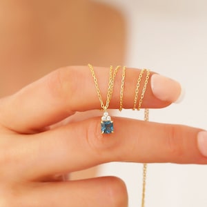 14k Unique London Blue Topaz Necklace, Princess Cut Blue Topaz Necklace Real Gold, Blue Topaz Jewelry, Anniversary Bridal Gift, Gift for Her