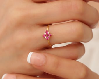 14k Marquise Ruby Engagement Ring, Flower Shape Ruby Ring, Dainty Vintage Style Ruby Ring, Gold Wedding Band, Minimalist Ring for Women