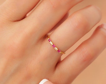 14k Dainty Ruby Band Ring, Baguette Ruby Ring Solid Gold, Minimalist Ruby and Diamond Ring Women, Stacking Ruby Ring, July Birthstone Ring