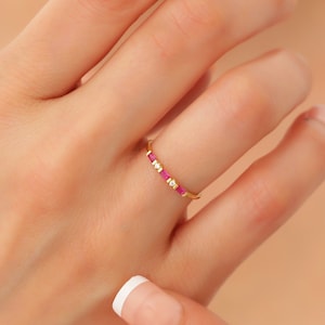 14k Ruby Band Ring Solid Gold, Dainty Baguette Ruby Ring, Minimalist Ruby and Cz Diamond Ring Women, Ruby Stacking Ring, July Birthstone