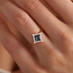 14k Blue Topaz Wedding Engagement Ring, Solid Gold London Blue Topaz Halo Ring, Natural Blue Topaz  Ring, Unique Promise Ring, Proposal Ring