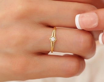 14k Minimalist Cz Diamond Ring, Dainty Wedding Band, Promise Ring Solid Gold, Geometric Ring, Gift for Her, Gift for Wife, Anniversary Gift