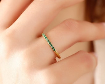 14k Solid Gold Emerald Band Ring - Dainty Stacking Ring for Women