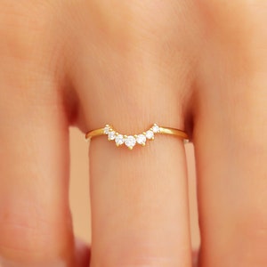 14k Curved Cz Diamond Ring, Nesting Band Solid Gold, 18k Arched Ring, Stacking Matching Wedding Band, Curved Ring Enhancer, Anniversary Gift