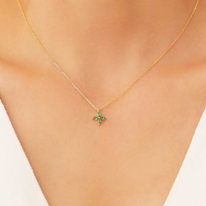 14k Dainty Emerald Necklace, Minimalist Emerald Pendant Solid Gold, Emerald Jewelry, 18k Emerald Necklace Women, May Birthstone Necklace image 1