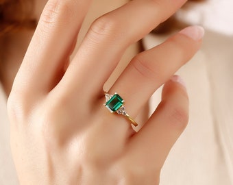 Octagon Emerald Engagement Ring, 14k Solid Gold Proposal Ring, May Birthstone Ring, Lab Emerald Promise Ring, Anniversary Ring, Wedding Gift