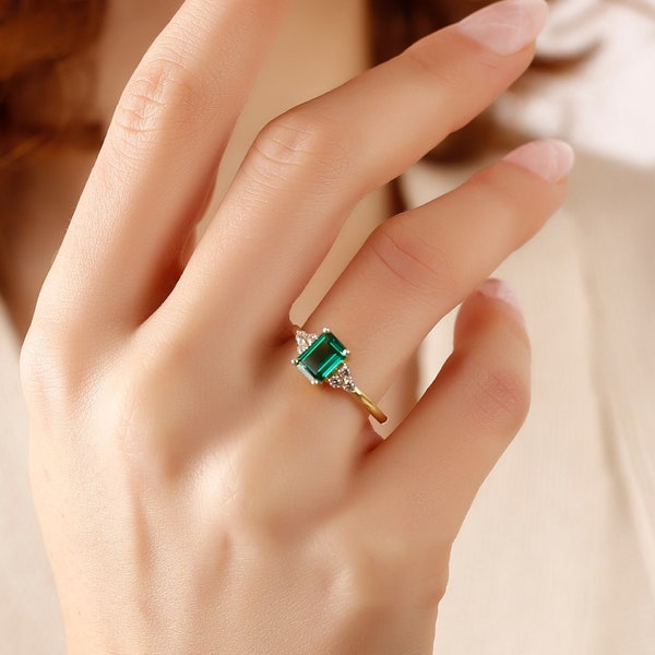 Octagon Emerald Engagement Ring, 14k Solid Gold Proposal Ring, May Birthstone Ring, Lab Emerald Promise Ring, Anniversary Ring, Wedding Gift