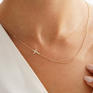 14k Gold Sideways Cross Necklace, Custom Size Cross Jewelry, Dainty Diamond Charm Cross, 18k Religious Cross Necklace, Cz Crucifix Jewelry