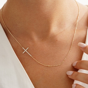 14k Gold Sideways Cross Necklace, Custom Size Cross Jewelry, Dainty Diamond Charm Cross, 18k Religious Cross Necklace, CZ Crucifix Jewelry image 5