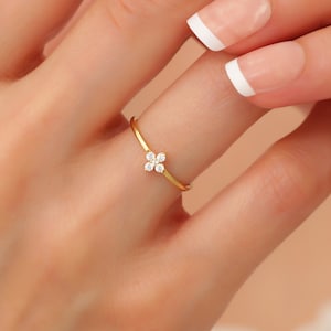 14K Gold Tiny Cz Diamond Ring, Minimalist Diamond Ring, Dainty Diamond Ring Solid Gold, Thin Diamond Ring, Stacking Ring, Minimalist Jewelry