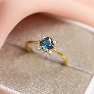 14k Princess Cut London Blue Topaz Wedding Ring - Solid Gold Dainty Gemstone Engagement Ring