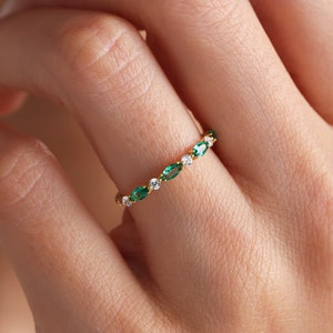 14k Emerald Marquise Wedding Band, Solid Gold Emerald Band Ring, Dainty Marquise Band Ring, Half Eternity Stacking Ring, Green Gemstone Ring