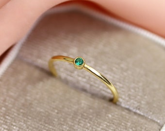 14k Solid Gold Bezel Birthstone Ring, Dainty Solitaire Ring, Personalized Gemstone Ring, Minimalist Stacking Ring, Birthstone Gift for Women