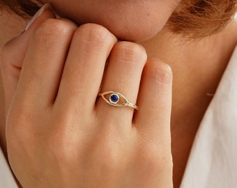 14k Gold Sapphire Evil Eye Ring, Solid Gold Evil Eye Ring, Dainty Evil Eye Ring, Good Luck Ring, 18k Third Eye Ring, Personalized Evil Eye