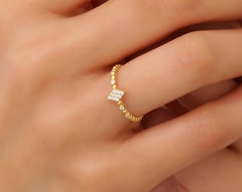 14k Dainty Stackable Ring, Diamond Stacking Ring Women, Vintage Style Cz Diamond Ring, Beaded Band Cz Diamond Ring Gold, Mothers Day Gift