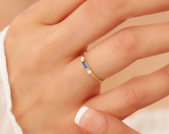 14k Dainty Sapphire Wedding Band Ring, Baguette Sapphire Engagement Ring Real Gold, Minimal Sapphire Stacking Ring, Sapphire Ring White Gold