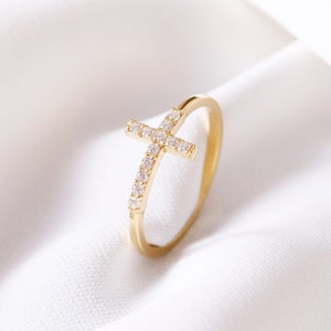 14k Solid Gold Moissanite Cross Ring, Cz Diamond Sideways Cross Ring, Religious Jewelry, Moissanite Stacking Ring, 18k Dainty Christian Gift
