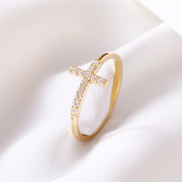 14k Gold Cross Ring, Diamond Sideways Cross Ring, Religious Jewelry, Cz Diamond Stacking Ring, 18k Dainty Christian Gift, Christmas Gift
