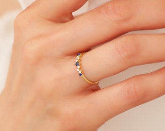 14k Sapphire Cluster Ring, Minimalist Sapphire Stacking Ring, Blue Sapphire Wedding Ring, Sapphire Jewelry, September Gift, Gift for Mom