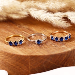 14k Gold Sapphire Engagement Ring, Oval Cut Five Stones Sapphire Ring, Blue Gemstone Ring, September Birthstone Jewelry, Gift for Women
