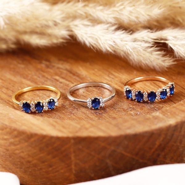 14k Gold Saphir Verlobungsring, Oval Cut fünf Steine Saphir Ring, Blauer Edelstein Ring, September Birthstone Schmuck, Geschenk für Frauen