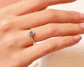 14k Gold Sapphire Minimalist Engagement Ring, Blue Sapphire Wedding Ring, September Birthstone, Dainty Sapphire Ring, Birthday Gift for Her