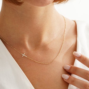 14k Gold Sideways Cross Necklace, Custom Size Cross Jewelry, Dainty Diamond Charm Cross, 18k Religious Cross Necklace, CZ Crucifix Jewelry