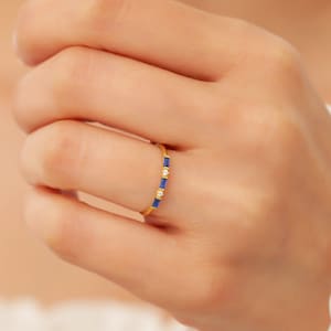 14k Dainty Sapphire Wedding Band Ring, Cz Diamond Baguette Sapphire Engagement Ring Solid Gold, Blue Sapphire Ring Women, Stackable Ring