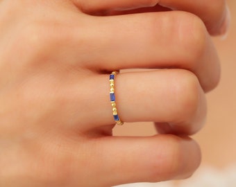 14k Sapphire Stackable Ring Real Gold, Blue Sapphire Stacking Ring Women, Minimalist Baguette Sapphire Ring, September Birthstone Ring