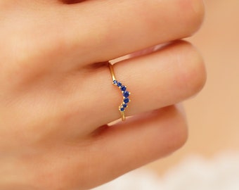 14k Curved Sapphire Wedding Band, Blue Sapphire Stacking Ring Solid Gold, Minimalist Sapphire Bridal Ring, Dainty Matching Ring for Women