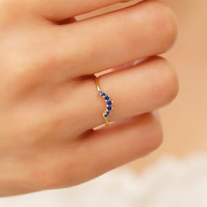 14k Curved Sapphire Wedding Band, Blue Sapphire Stacking Ring Solid Gold, Minimalist Sapphire Bridal Ring, Dainty Matching Ring for Women