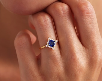 14k Solid Gold Art Deco Sapphire Halo Ring - Vintage Style Engagement Ring