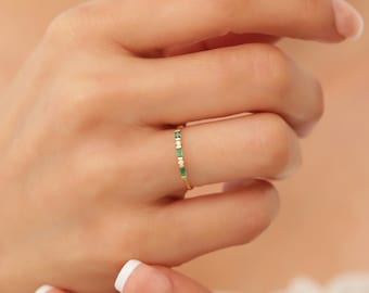 14k Emerald Wedding Band Ring, Baguette Emerald Ring Real Gold, Emerald Stacking Ring Women, Dainty Minimalist Emerald Ring, May Birthstone