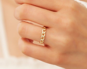 14k Solid Gold Cuban Chain Ring - Bold Curb Link Stacking Ring