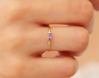 14k Dainty Baguette Amethyst Ring, Solitaire Amethyst Band Solid Gold, Minimalist Amethyst Ring, Birthstone Baguette Ring, Stacking Ring