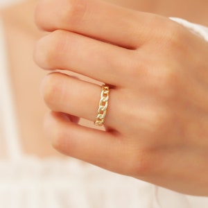 14k Cuban Chain Ring, Solid Gold Bold Chain Ring, 18k Chain Link Stacking Ring, Chunky Chain Ring for Women, Dainty Curb Link Chain Ring