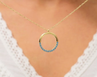 14k Gold Aquamarine Necklace, Circle Aquamarine Jewelry, March Birthstone Circle Necklace, 18k Dainty Lab Aquamarine Pendant, Gift for Her